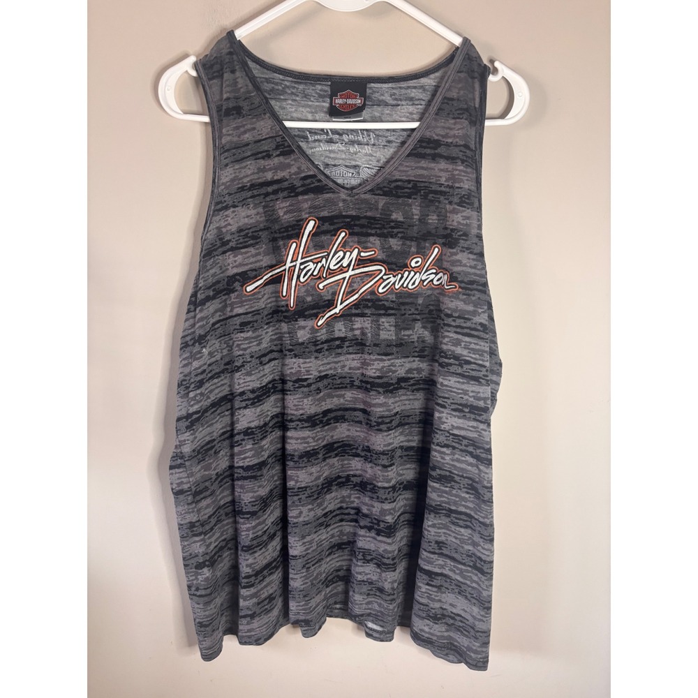 Harley Davidson Womens Tank Top 2X Gray Striped Viking Land Brainerd MN V-Neck - Picture 2 of 8